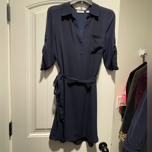 Navy size small collared New York & company belted dress with pockets!